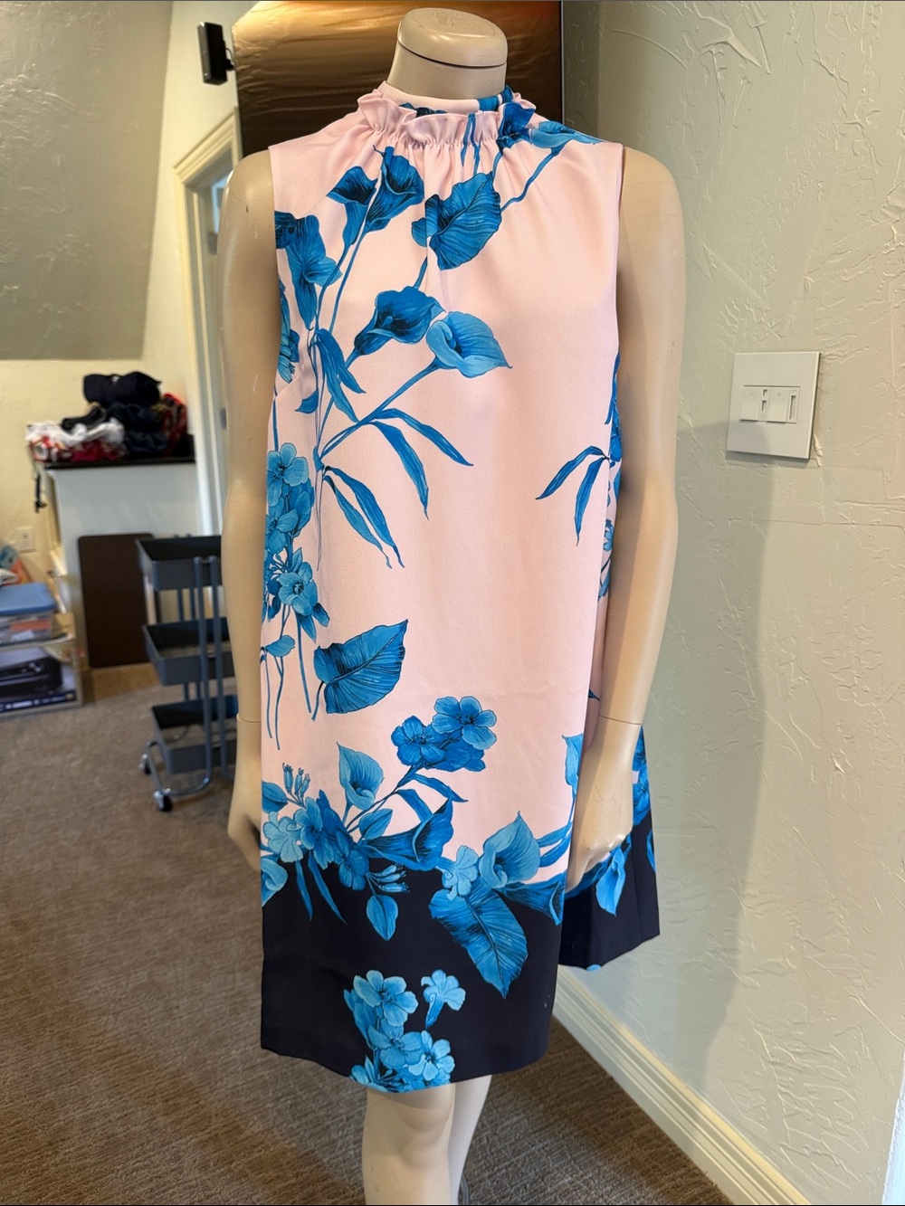 Ted Baker Pink Shift Dress with Blue Floral and Black Hem